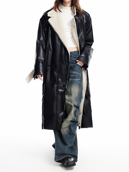 Leather High-End Boa Stand-Collar Plain Overzie Zip Long-Coat