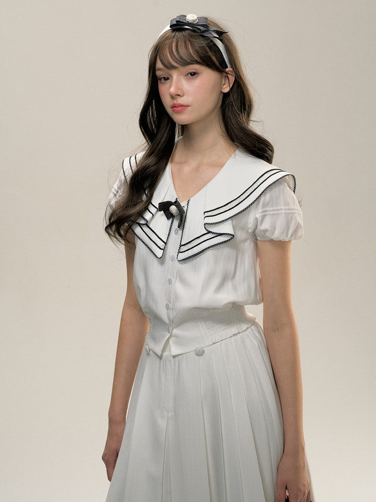 Bi-Color Ribbon Sailor-Collar Puff-Sleeve College Blouse＆Skirt