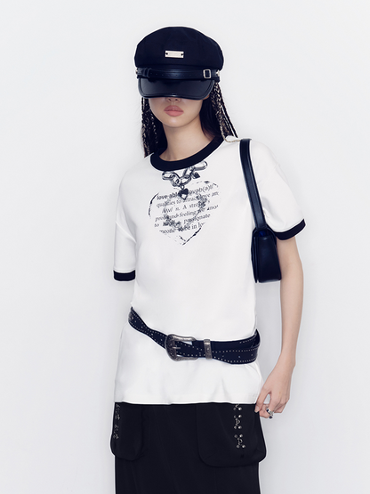 Heart Fake-Necklace Silhouette Monotone T-Shirt