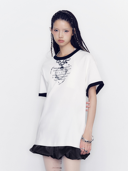 Heart Fake-Necklace Silhouette Monotone T-Shirt