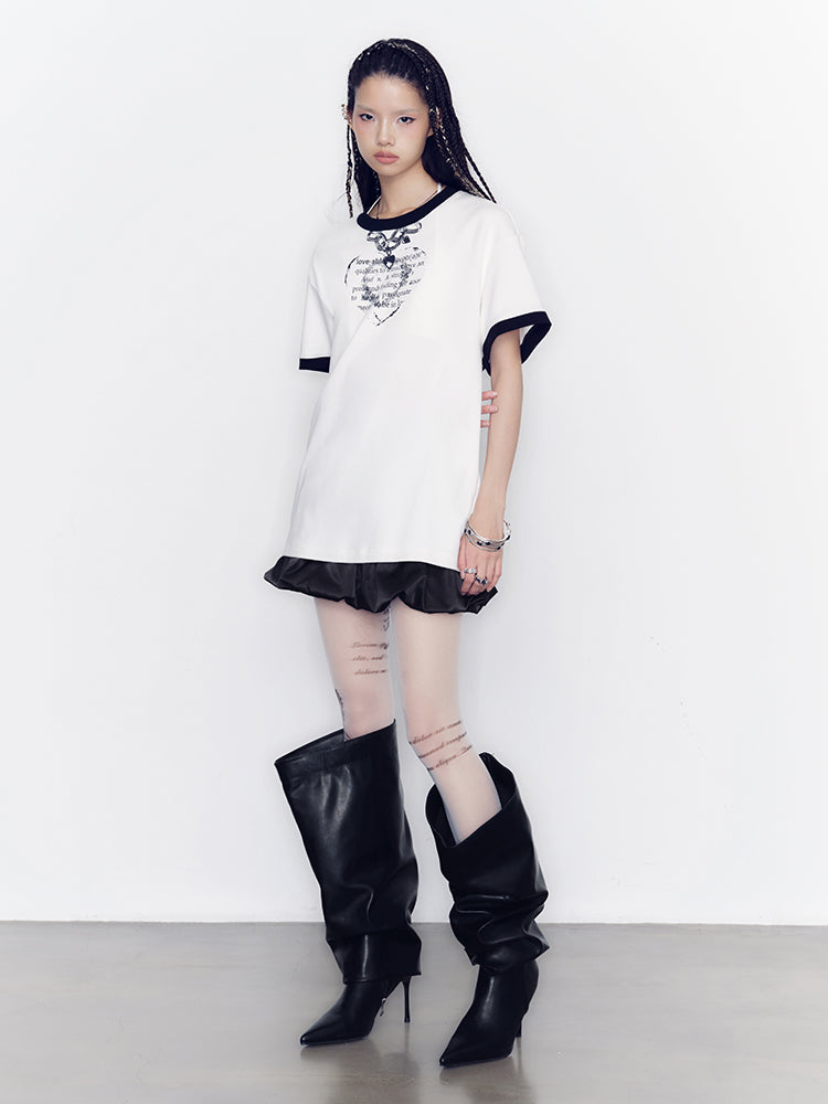 Heart Fake-Necklace Silhouette Monotone T-Shirt