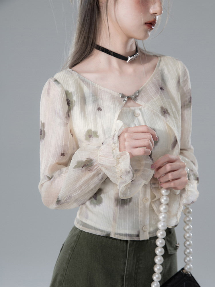 Ciffon Flower Balloon-Sleeve Sheer Retro Blouse