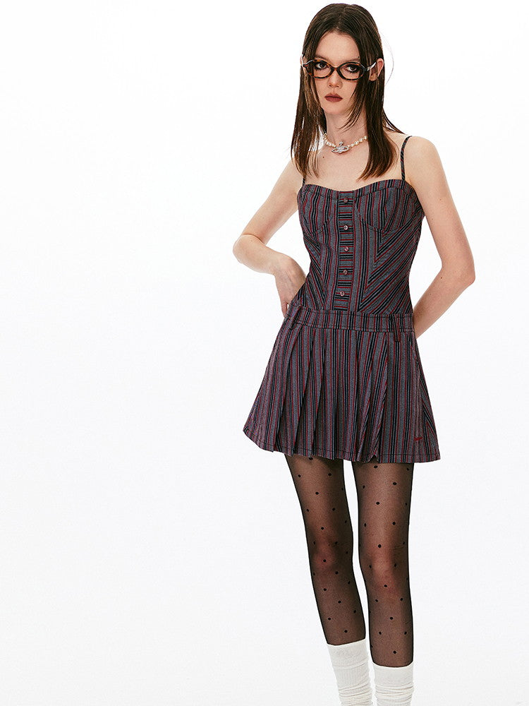 Stripe Pleats Chic Camisole Dress