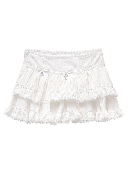 Lace Ribbon Cross Tiered Mini-Skirt