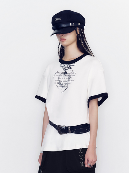 Heart Fake-Necklace Silhouette Monotone T-Shirt