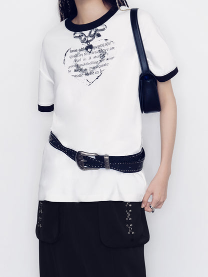 Heart Fake-Necklace Silhouette Monotone T-Shirt