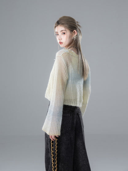 Flare-Sleeve V-Neck Short Sheer Mohair-Knit Cardigan