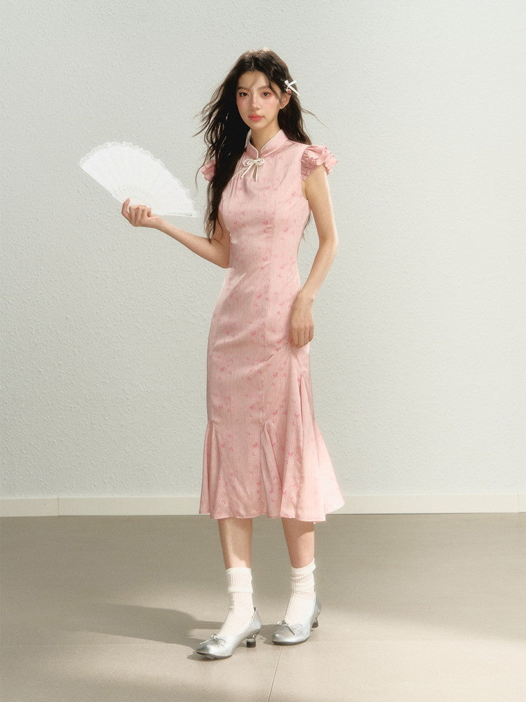 China Flower Frill-Sleeve Long Retro Dress