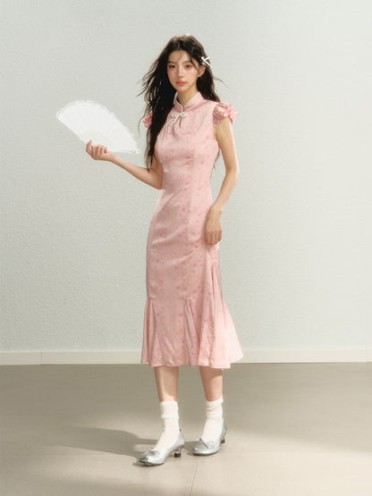 China Flower Frill-Sleeve Long Retro Dress