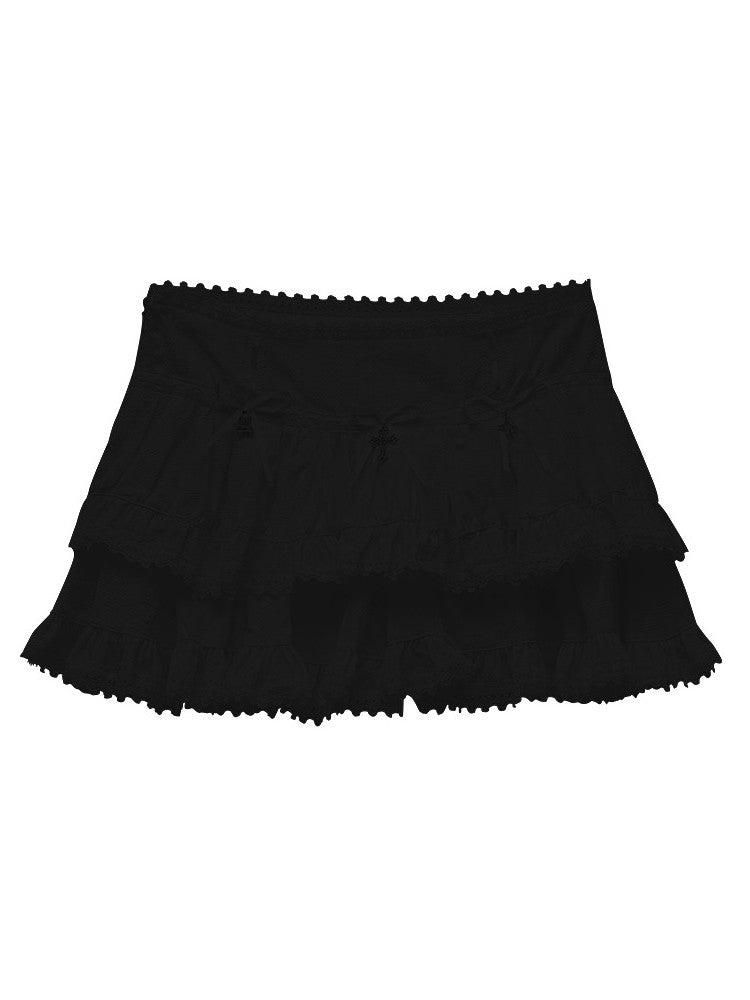 Lace Ribbon Cross Tiered Mini-Skirt