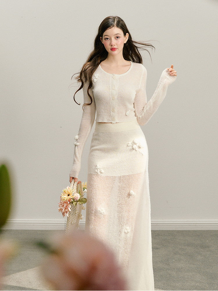 Set-Up Knit Sheer Flower Sexy Rose Cardigan＆Long-Skirt