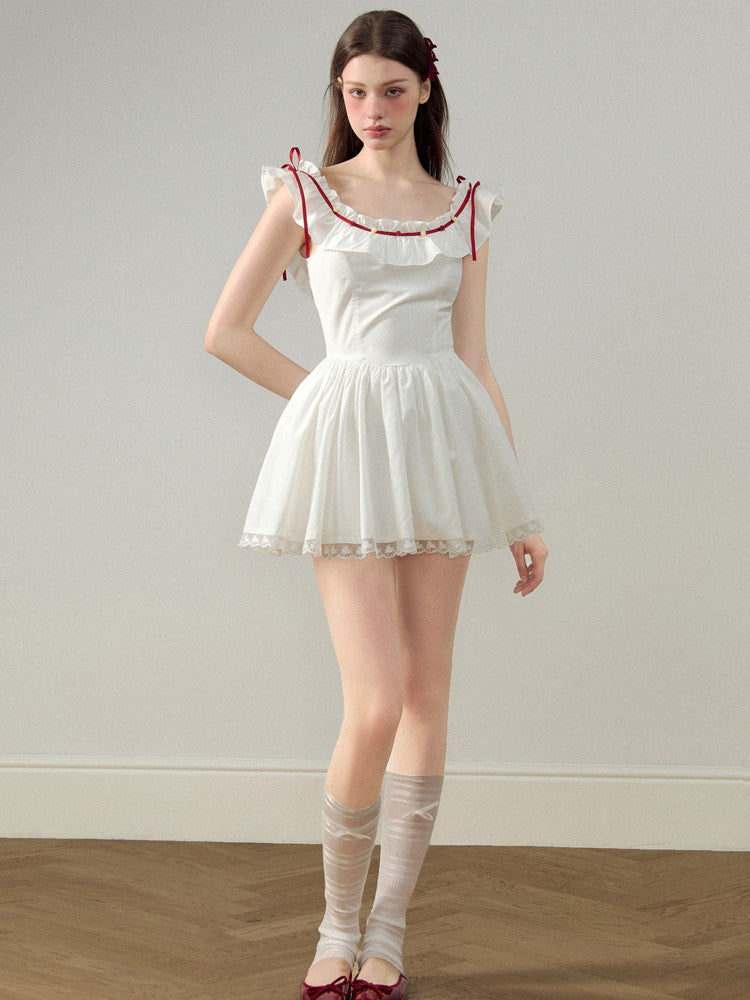 Tight U-Neck Frill Girly Lace Cute Flare Short Dress