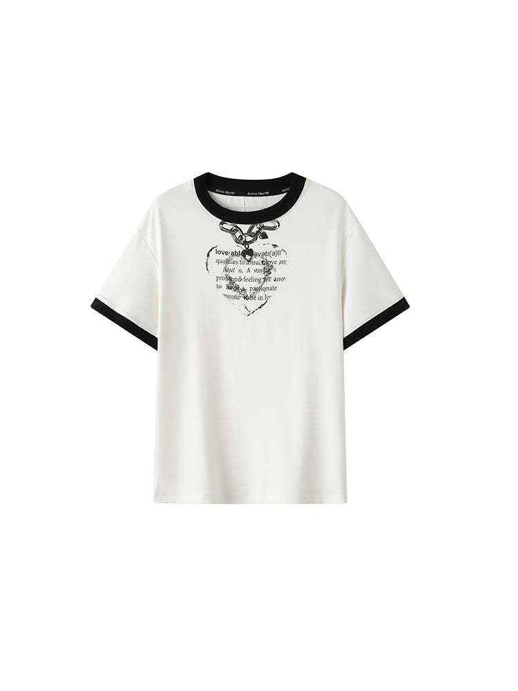 Heart Fake-Necklace Silhouette Monotone T-Shirt