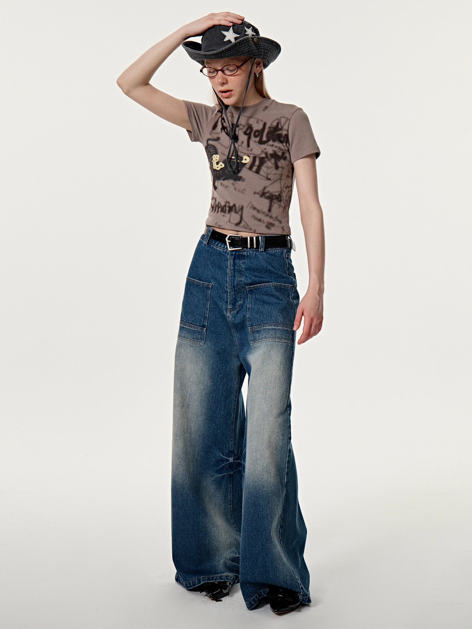 Faded Denim Wide-Leg Casual Pants