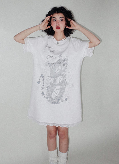 Cat Animal Lace Casual Short T-Shirt-One-Piece