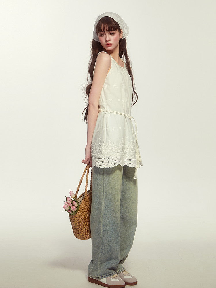 Scallop Rope Tassel Embroidery American-Sleeve Long-Tops