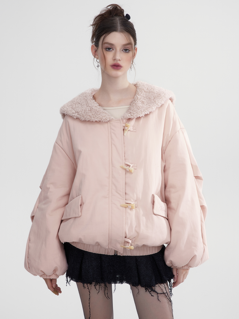 Toggle-Button Thick Warm Boa-Collar Jacket