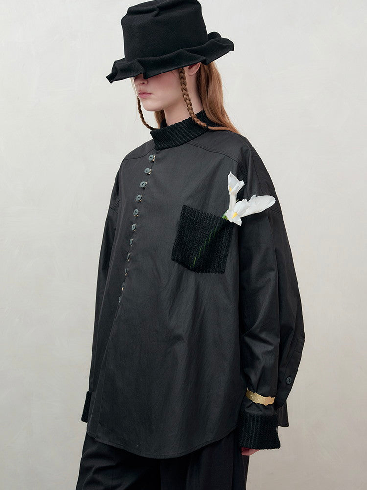 Oversize China Side-Button Band-Collar Shirt