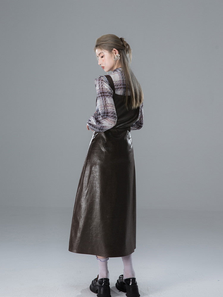 Leather Pleats Suspenders Long Plain Dress