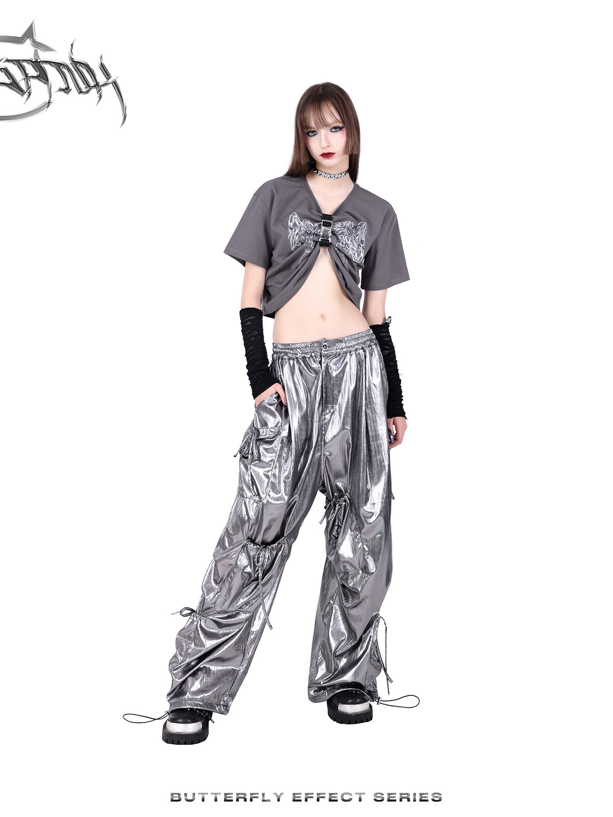 Glossy Metallic Drawstring Vasual Wide-Pants