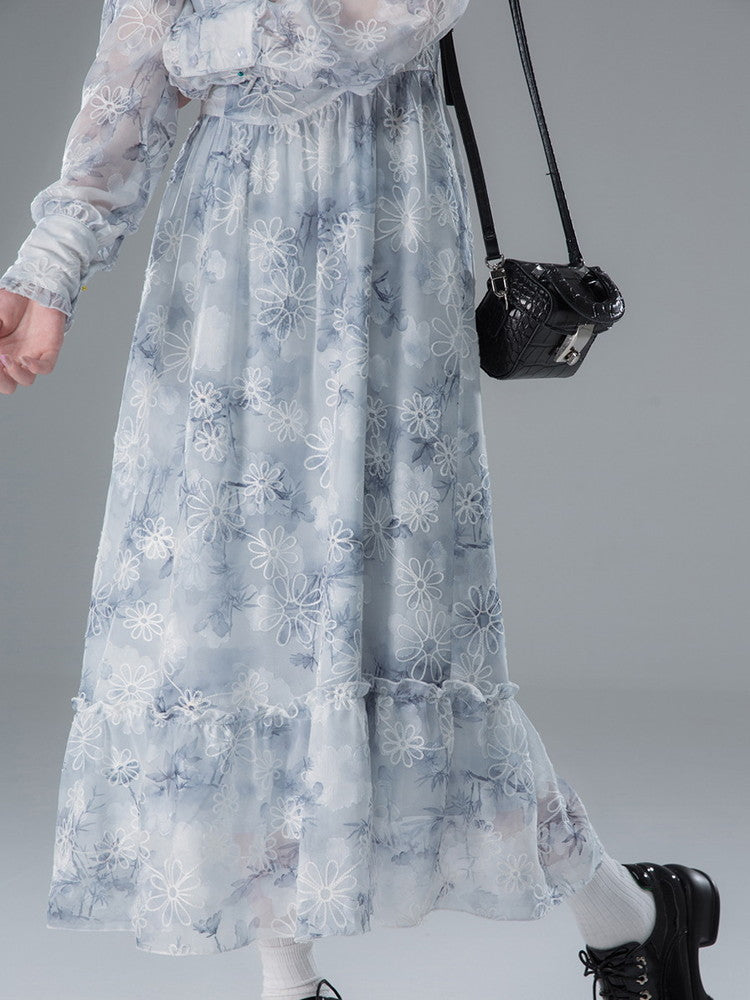 Tie-Dye Flower Tiered Square-Neck Sheer Long Dress