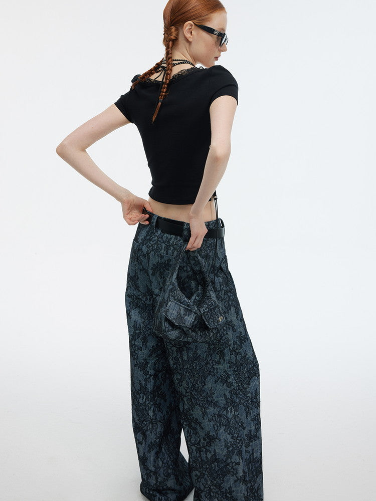 Denim Embroidery Flower Wide-Leg Casual Pants