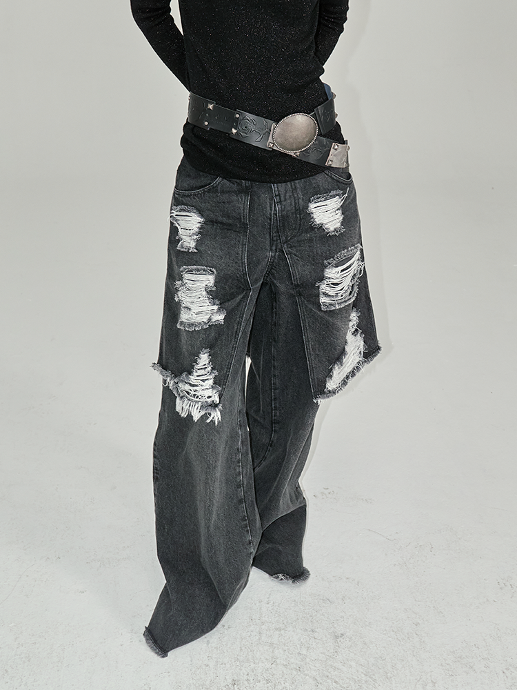 Nichi Denim Layered Conspicuous Damage Wide-Pants