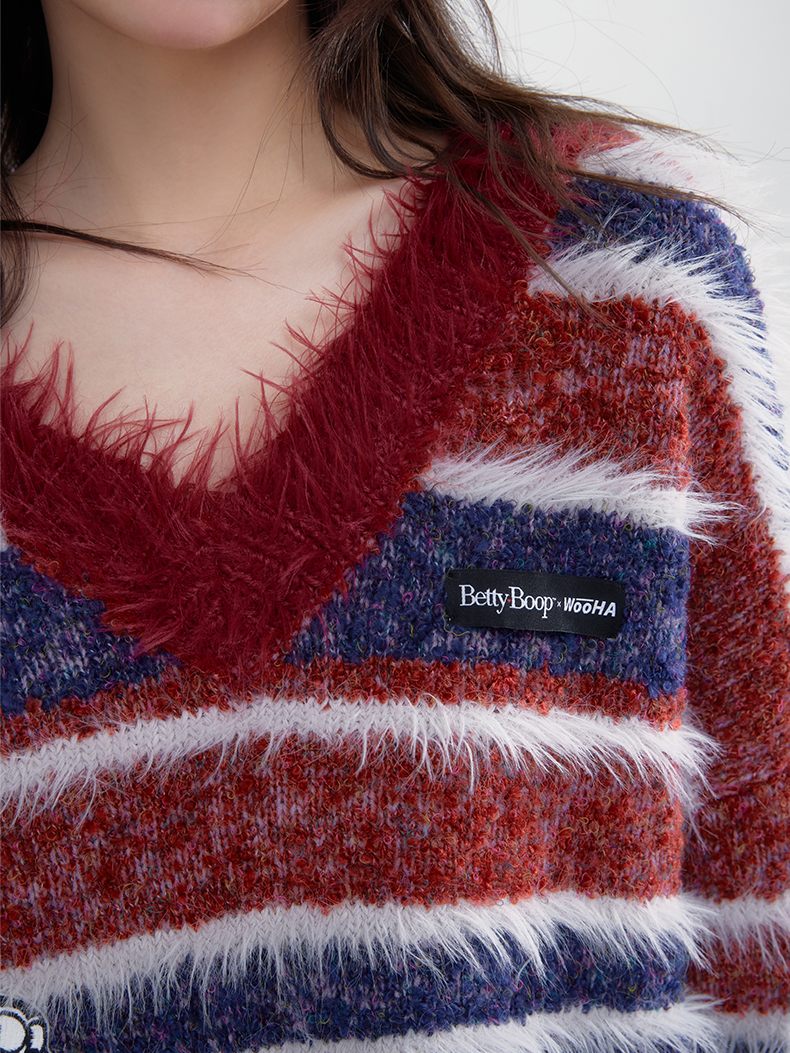 Badge V-Neck Fluffily Border Casual Oversize Mohair-Knit