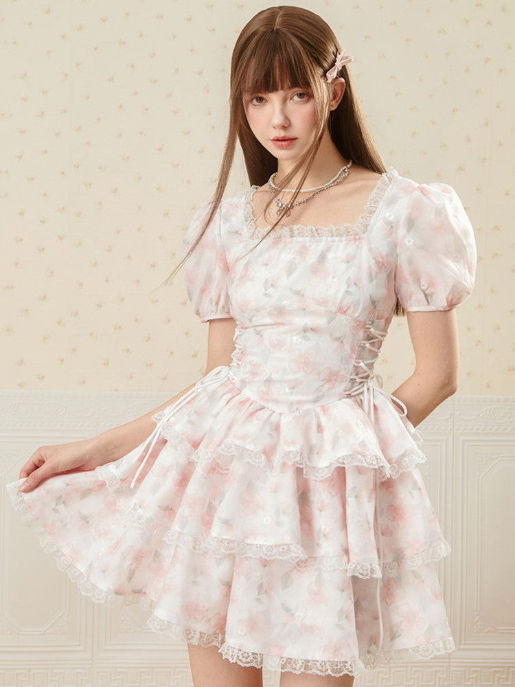 Flower Lace-Up Puff-Sleeve Feminine Tiered Lace Dress