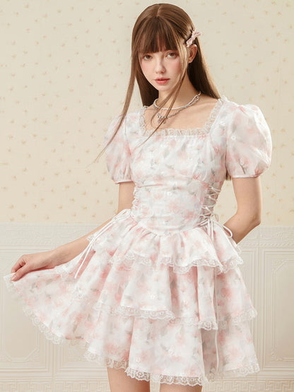 Flower Lace-Up Puff-Sleeve Feminine Tiered Lace Dress