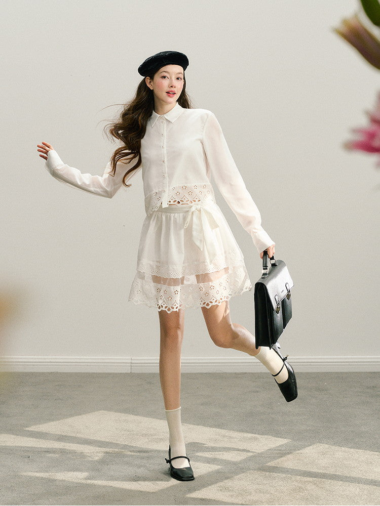 Set-Up Flower Punching Ribbon Clean Blouse＆Skirt