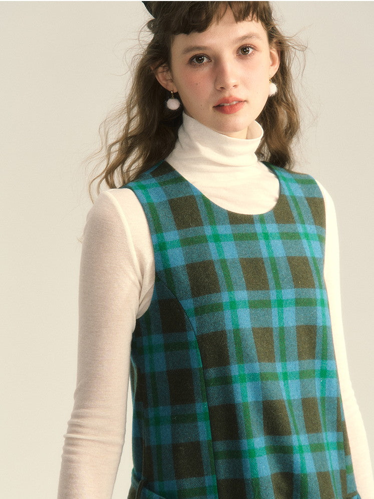 Wool Checked Sleeveless U-Neck Layered One-Piece