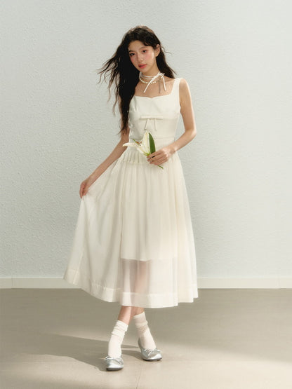 Long No-Sleeve Sheer Ribbon Pleats Slim Dress