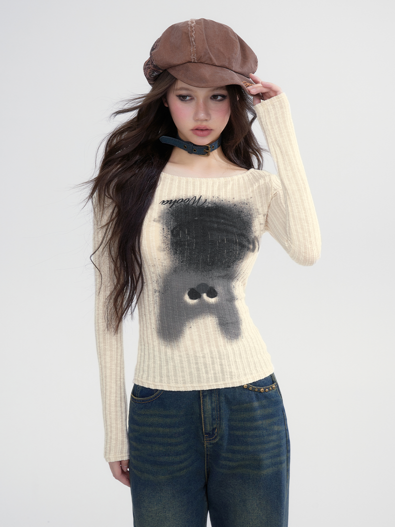 Boat-Neck Spray Slim Casual Retro Rib-Knit