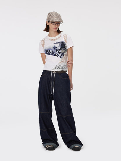 Lace Nichi Dog See-Through Asymmetry T-Shirt