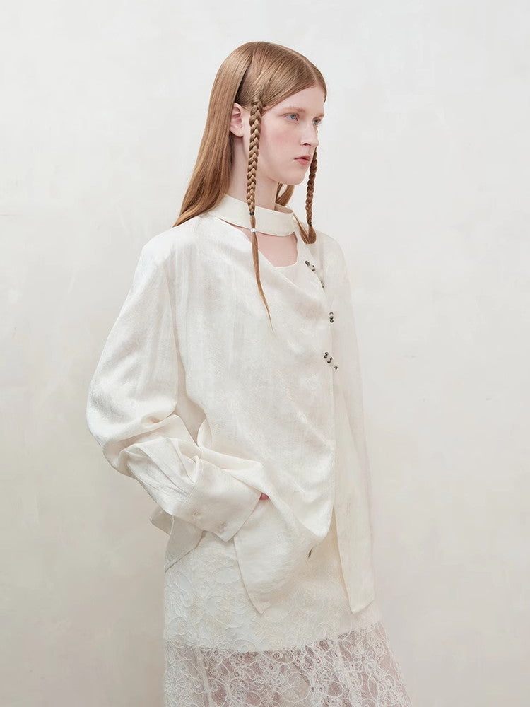 Flower Embroidery Satin China Oversize Shirt