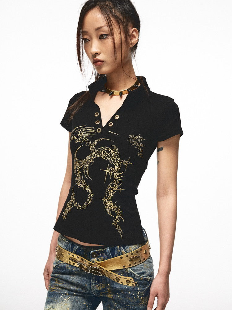 Embroidery Metallic Nichi V-Neck Casual Tops