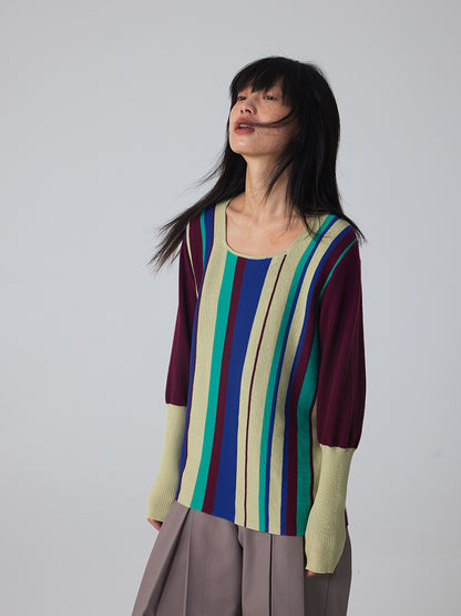 Long-Cuff Stripe Retro Chic Square-Neck Knit