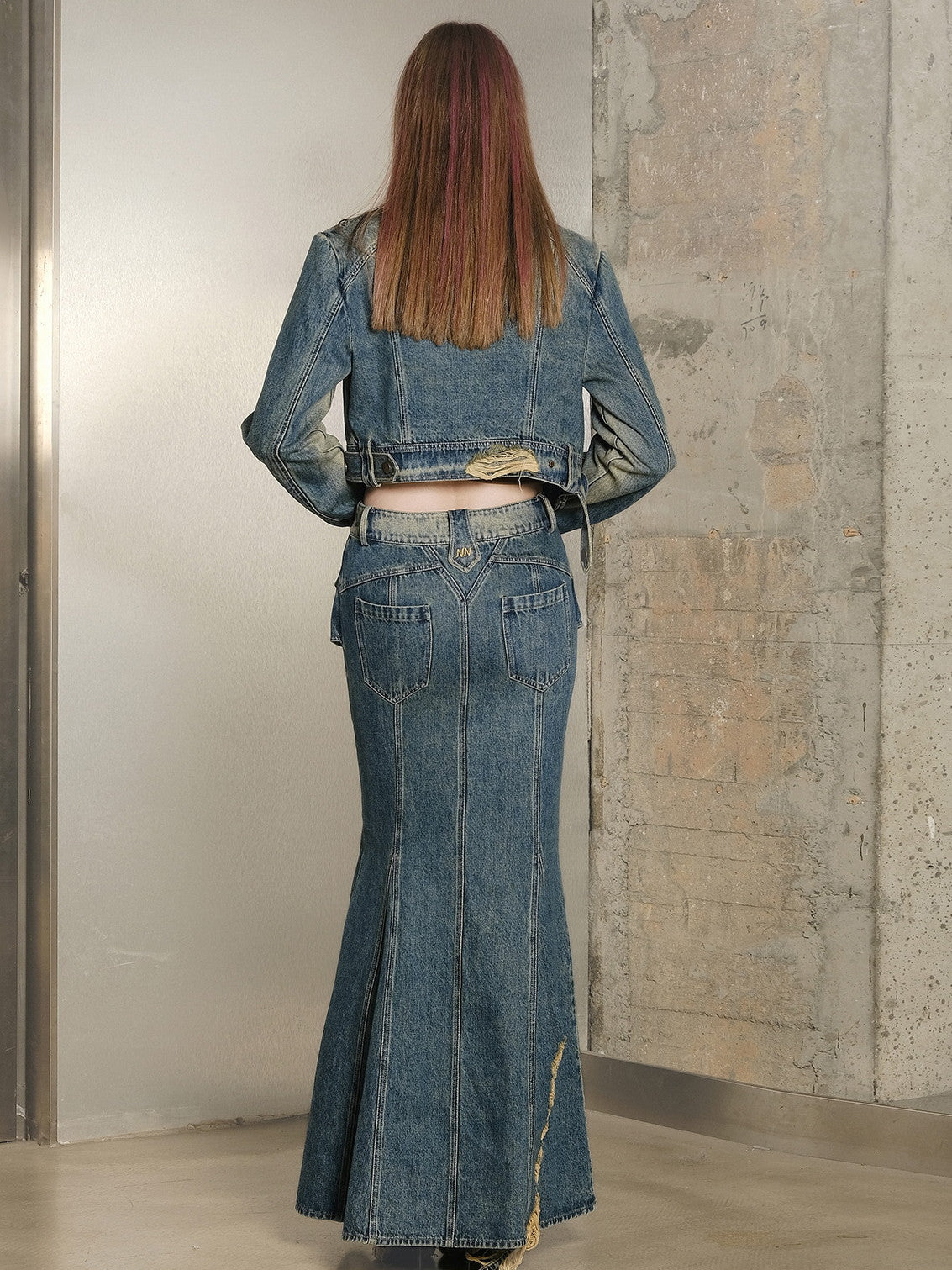 Set-Up Denim Washed Casual Mermaid Jacket＆Long-Skirt