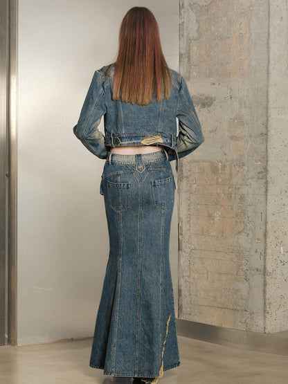 Set-Up Denim Washed Casual Mermaid Jacket＆Long-Skirt