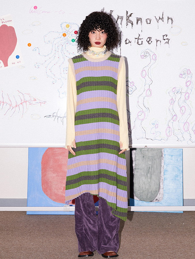 Border Asymmetry Colorful Round-Neck Knit One-Piece