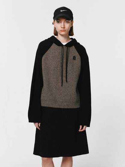 Knit Hoddie Bi-Color Simple Parlka Wool-Tops