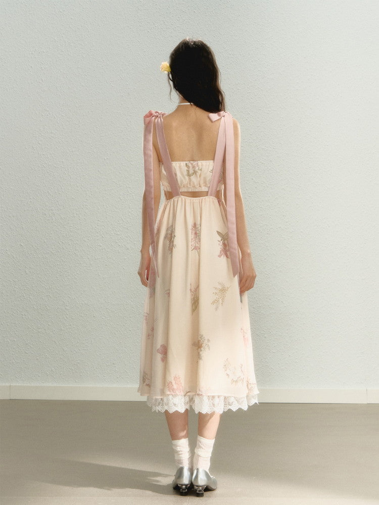 Shoulder-Ribbon Long Flower Lace Feminine Dress