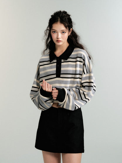 Polo-Neck Border Balloon-Sleeve Loose Knit