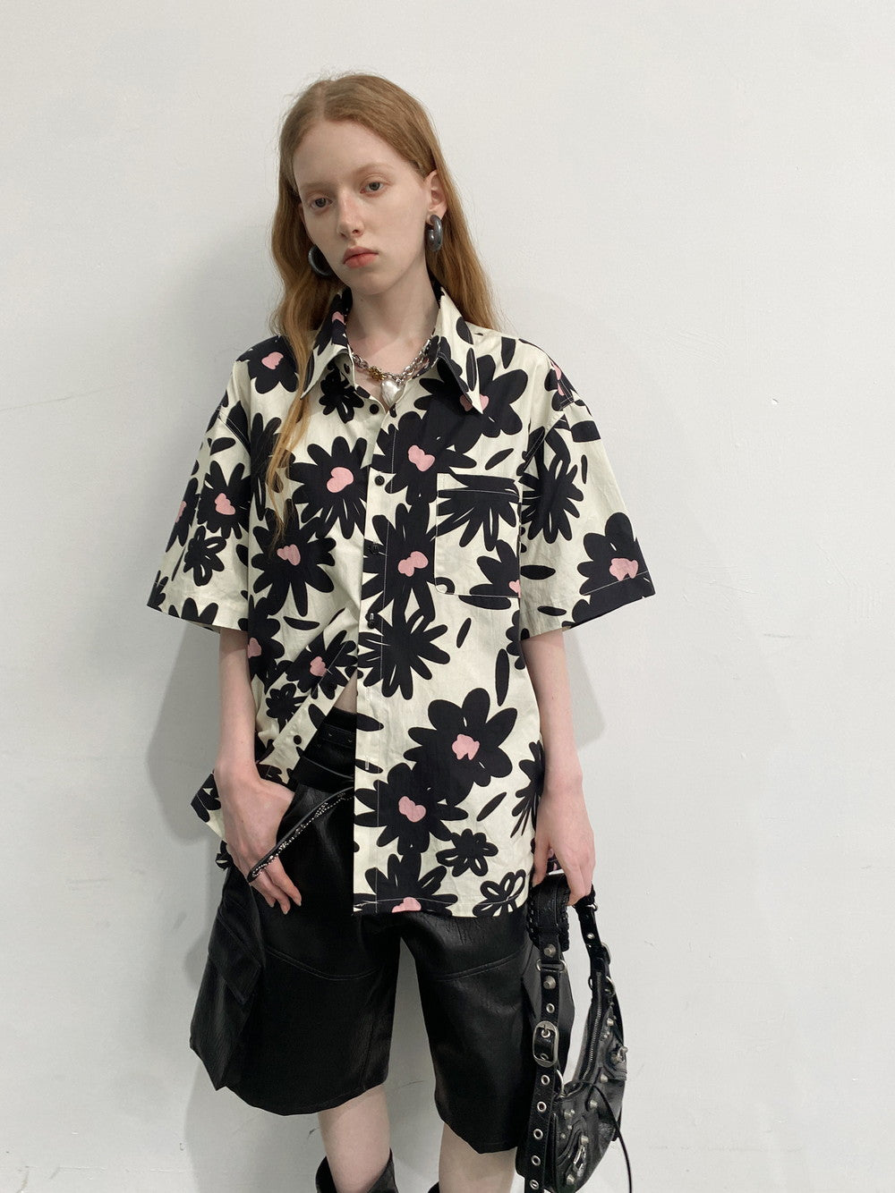 Unisexe Flower Monochrome Retro Oversize Oversize Shirt