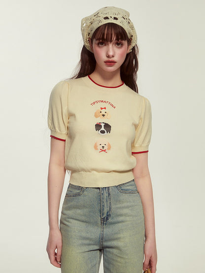 Dog Animal Cute Crew-Neck Retro Half-Sleeve Summer-Knit