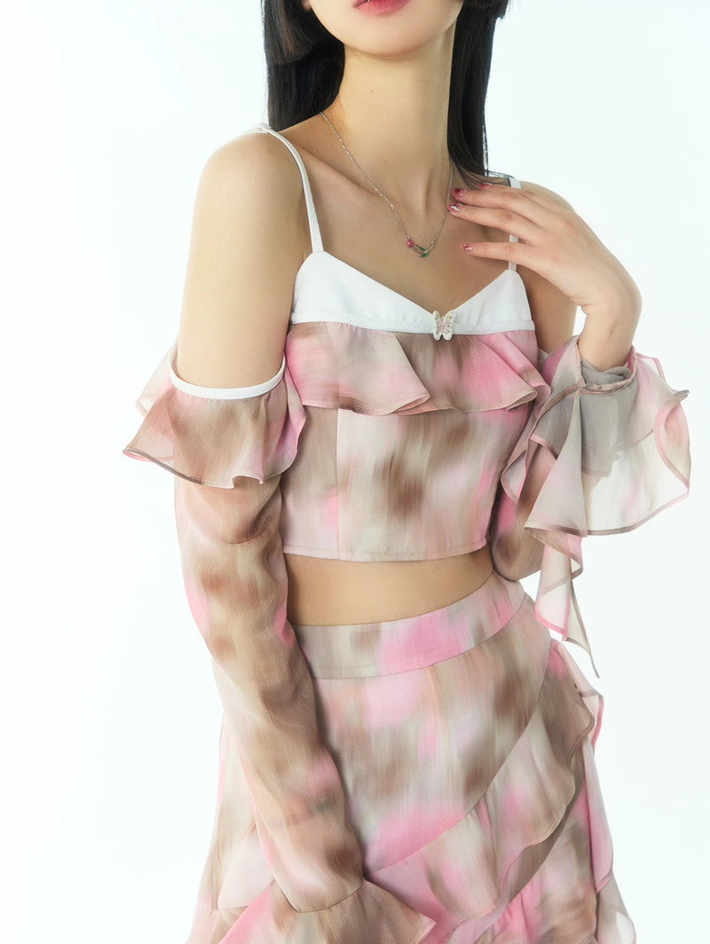 Tie-Dye Fake Fake-Off-Shouler Ruffle Rassemblez les hauts d&