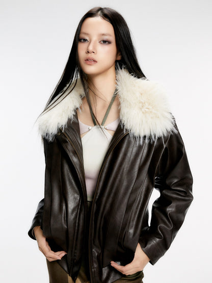 Fur-Neck Smooth Ovresize High-End Leather-Jacket