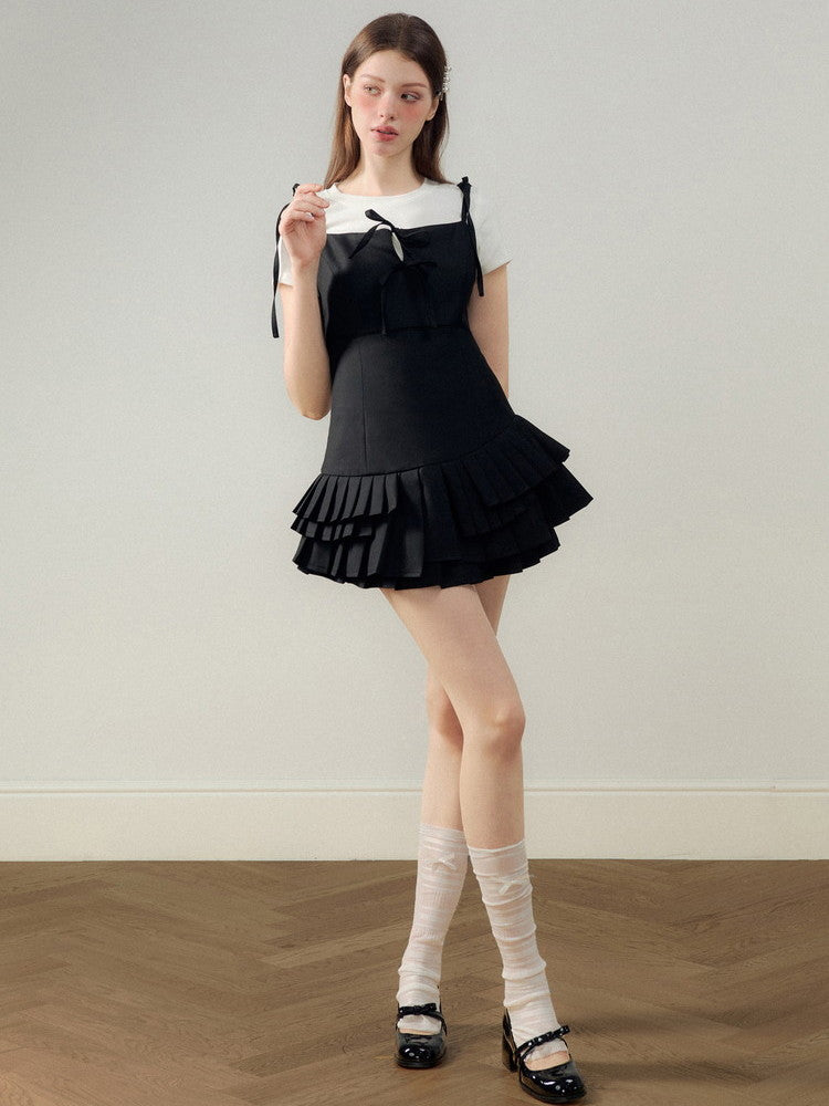 Tiered Pleats Frill Camisole Shoulder-Ribbon Plain Short Dress