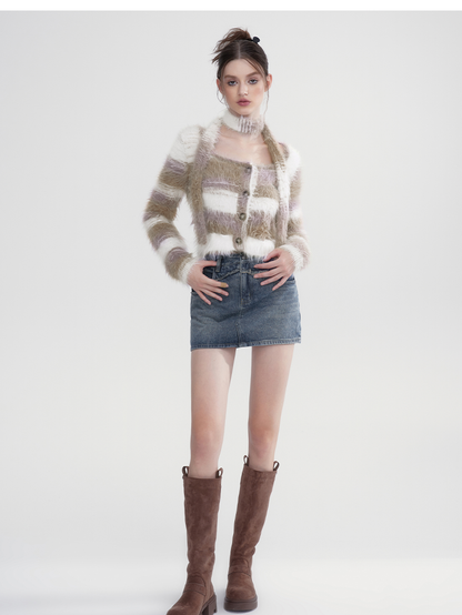 Border Retro Fluffily Slim-Tie Mohair-Knit